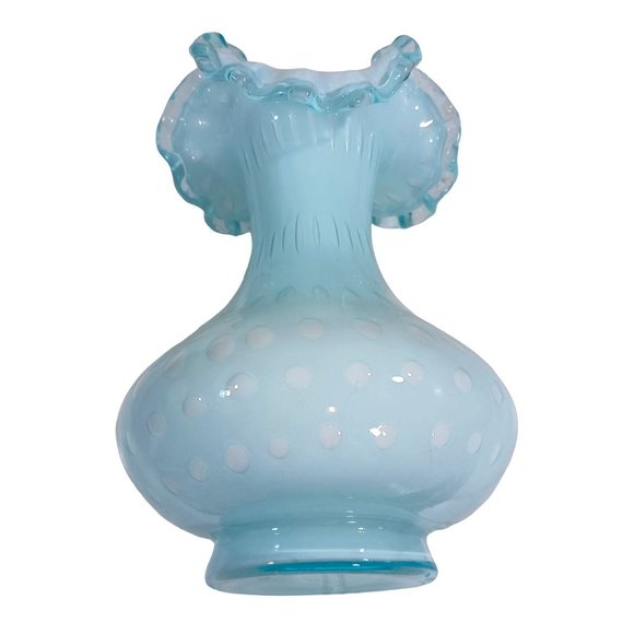 FENTON AQUA POWDER BLUE BUBBLE OPTIC FLUTED TOP CRESTED OVERLAY VASE RUFFLED - Picture 8 of 11
